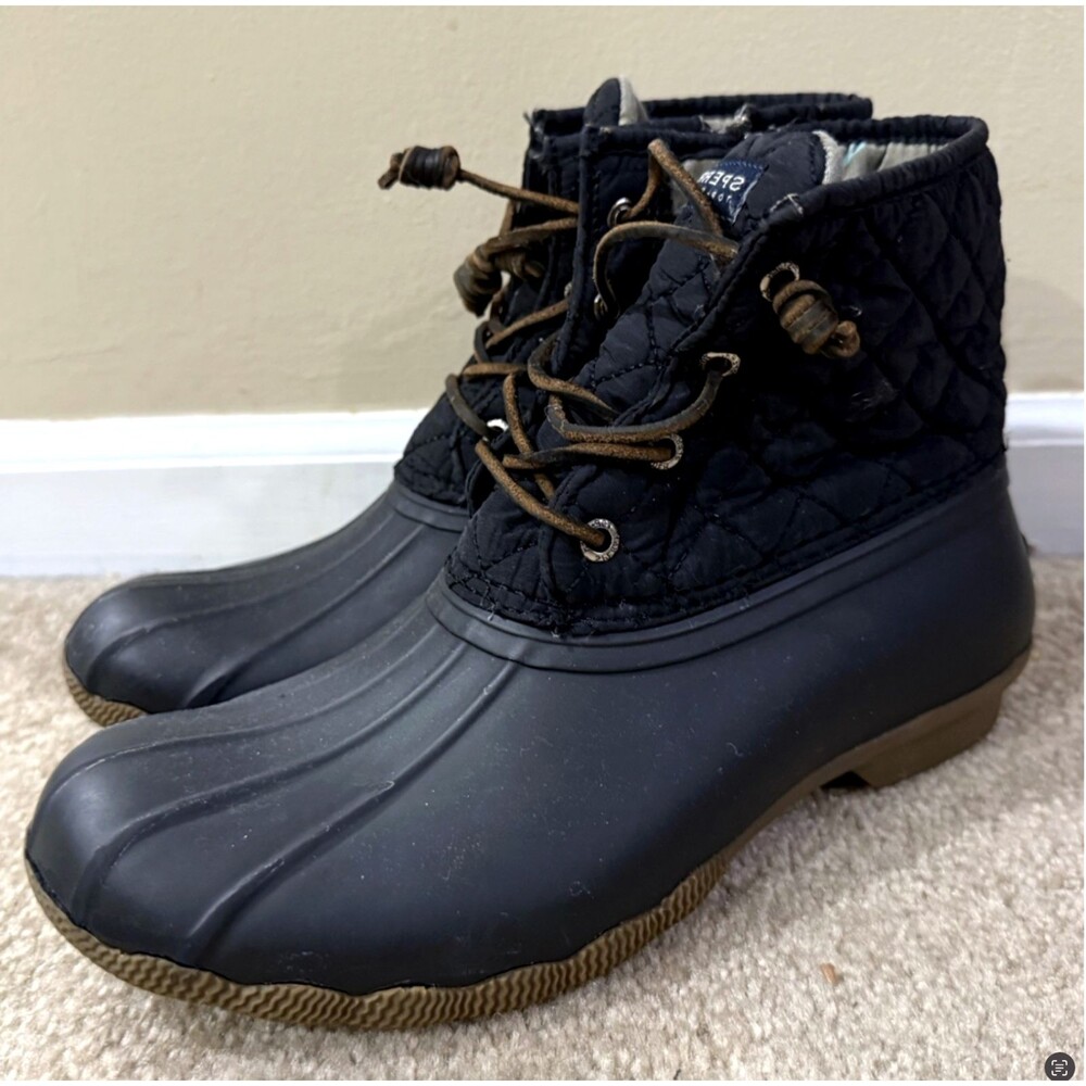 SPERRY Saltwater Duck Boots Womens 8 Black Quilted Waterproof Rain Gardening Zip
